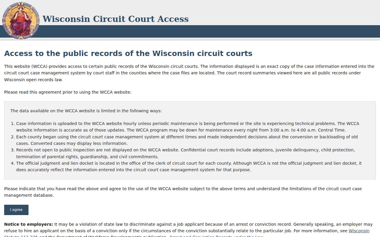 Rusk County case lookup entry through the statewide WCCA landing page